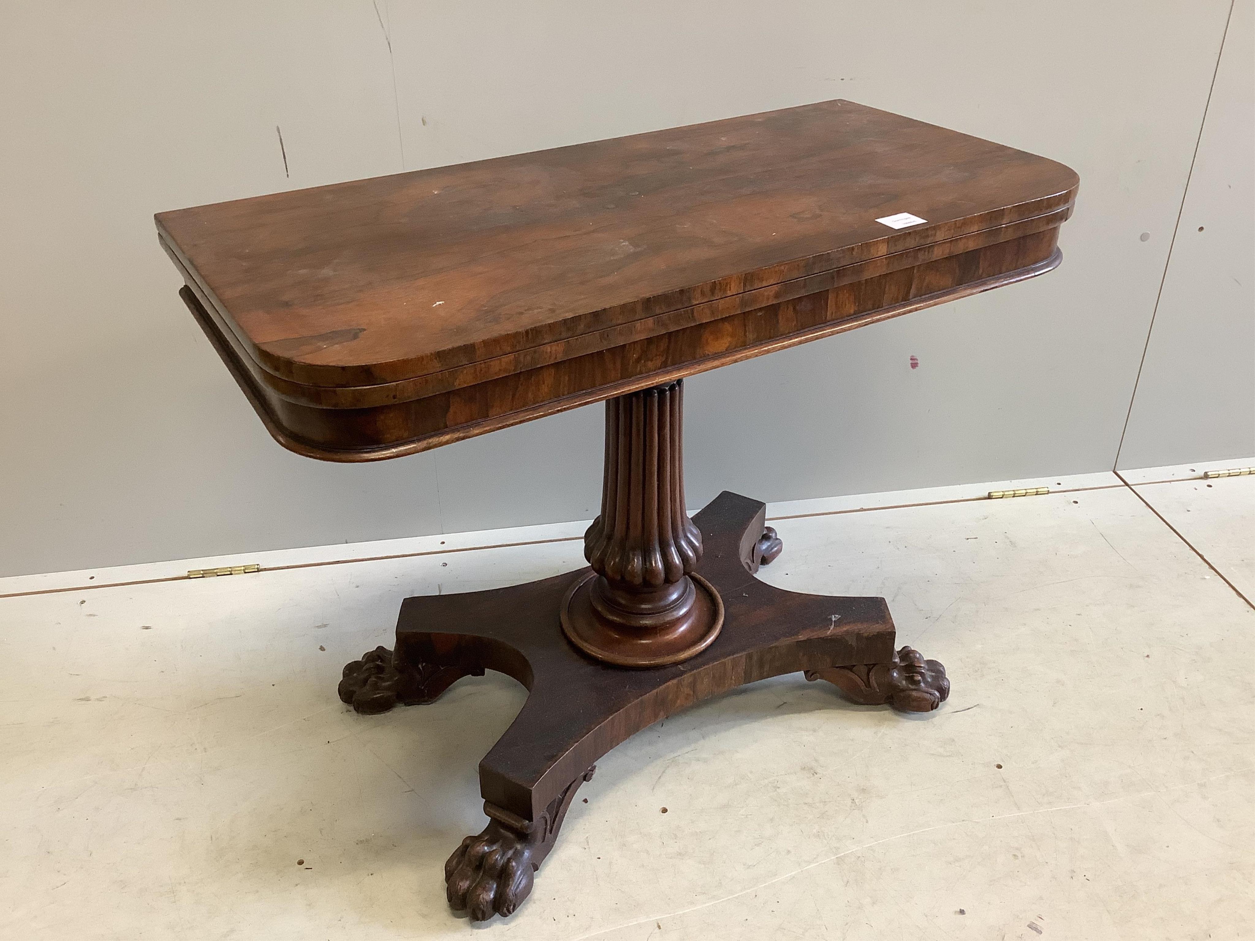 An early Victorian rectangular rosewood folding card table, width 91cm, depth 46cm, height 71cm. Condition - fair